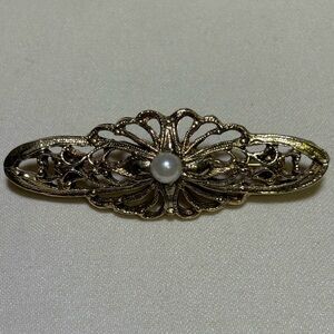 Vtg Gold Victorian Style Filigree Bar Brooch with Faux Pearl
